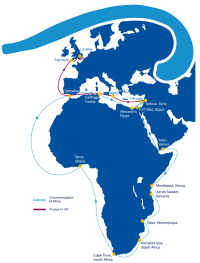 Original Phoenicia Expedition route - however, they have detoured via the middle of the Indian Ocean to avoid Somali pirates © SW